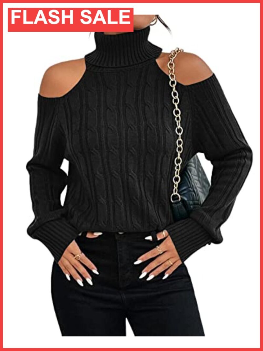 Womens Cold Shoulder Turtleneck Cable Knit Sweater Long Sleeve Pullover